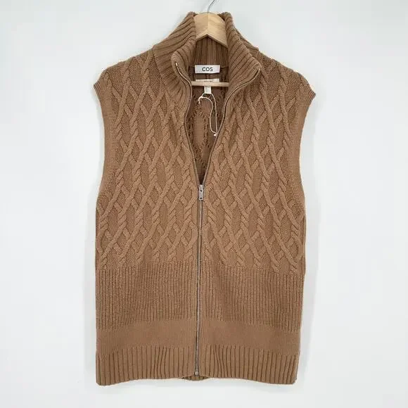 COS Men's Cable Knit Sweater Vest 100% Wool Sleeveless Full Zip Rib Knit, Tan - Picture 5 of 14